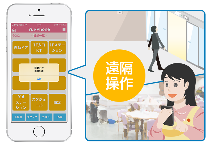 カメラ映像を確認しながら電気錠の開錠や自動ドア、エレベーターのロック解除を端末から遠隔操作で行えます。来訪者対応や鍵のかかった部屋への入室も端末1台で行うことができるので、業務効率の向上に役立ちます。