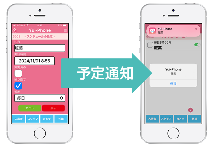 YuiPhoneは介護業務のスケジュールを登録することができます。登録したスケジュールの時間になるとアラームで通知するので、介護スタッフの予定漏れを防ぎ、正確な介護業務が可能になります。