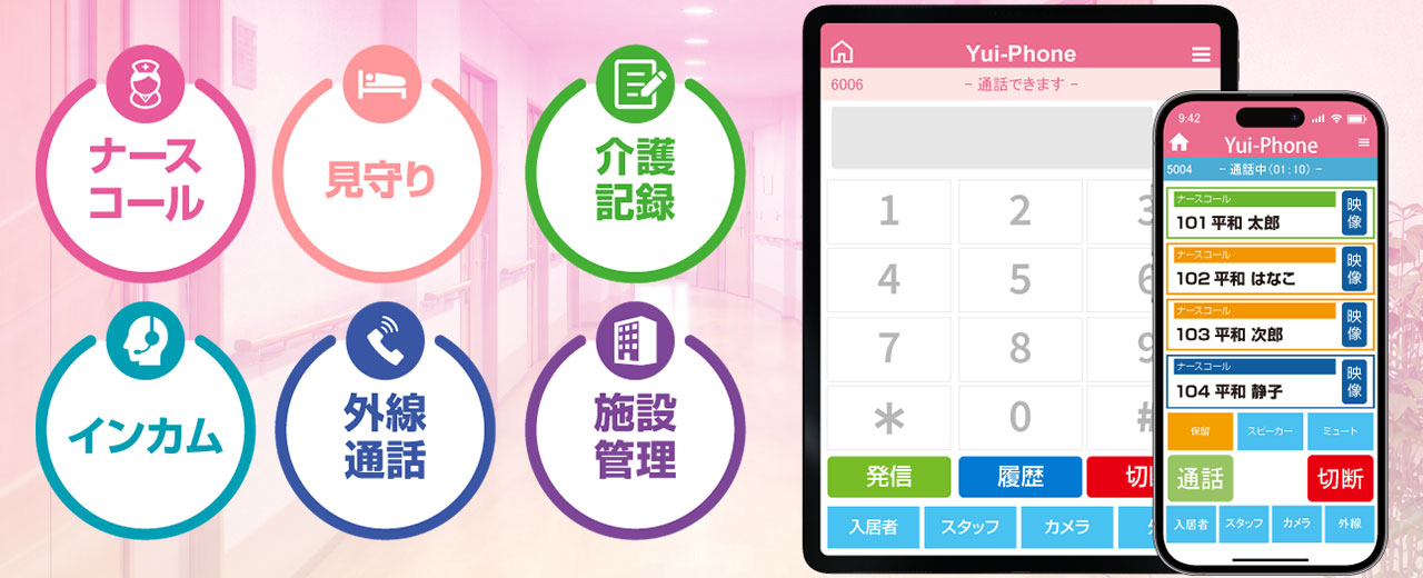 ナースコールも、介護記録も、入居者の見守りも、施設状況の確認も端末ひとつでOK！ YuiPhone